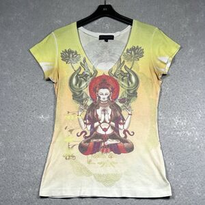 VTG Christian Audigier T-Shirt Womens Large Yellow Short Sleeve Geosha Goddess